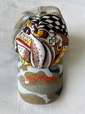 Vintage Ed Hardy RARE Bulldog Trucker Hat - Camo & Mesh Y2K - OS